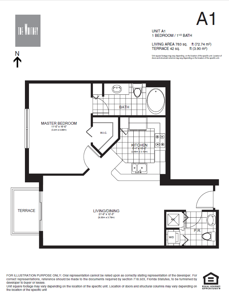 Floor plan for 1 bed, 1.5 baths, 741 sqft